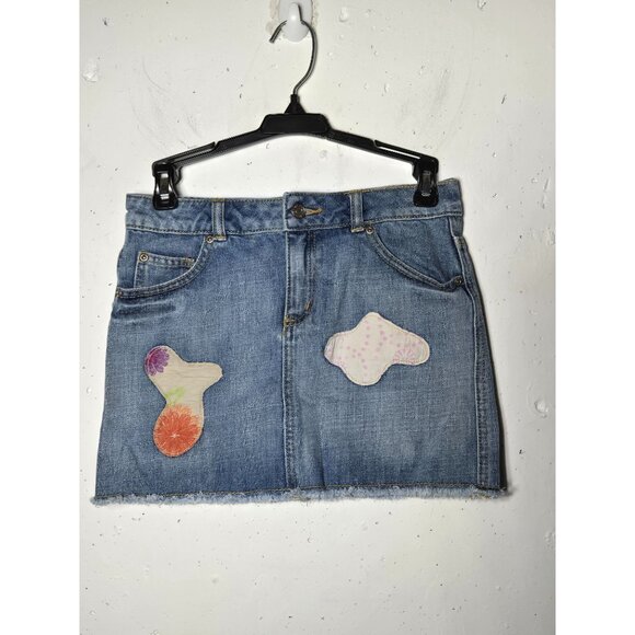 Y2k 2006 Old Navy Girls Patchwork Denim Blue Jean Skirt Size 12 2000s Patch - Picture 1 of 11